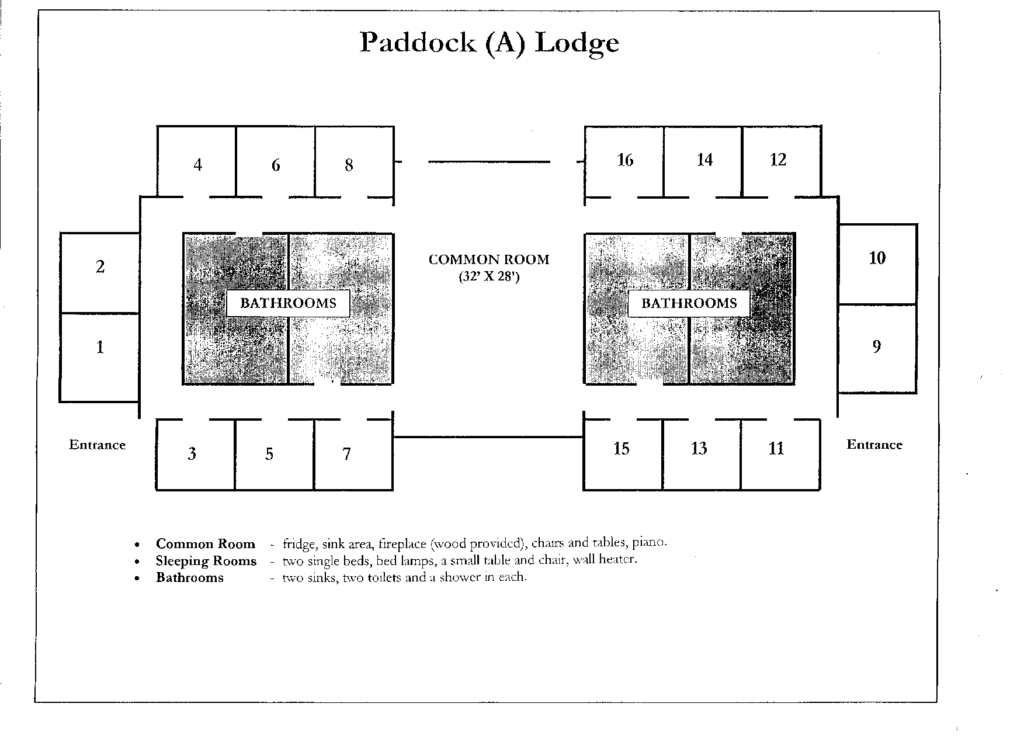 A building layout of Paddock Lodge. There are sixteen rooms that border the building, four bathrooms, and a large common area.